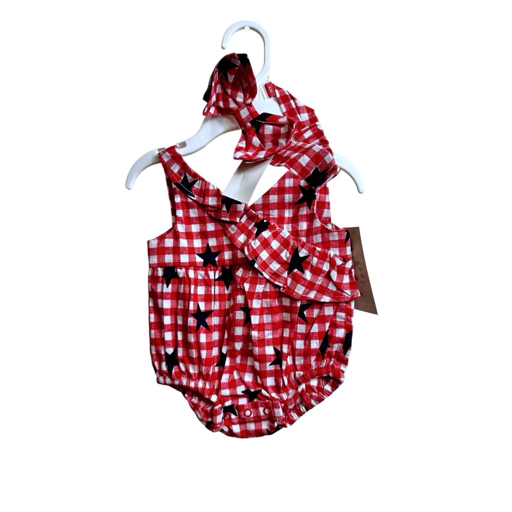 Cat & Jack Baby‎ Girl Romper w/ Headband - Star Print - Red / White / Blue NB